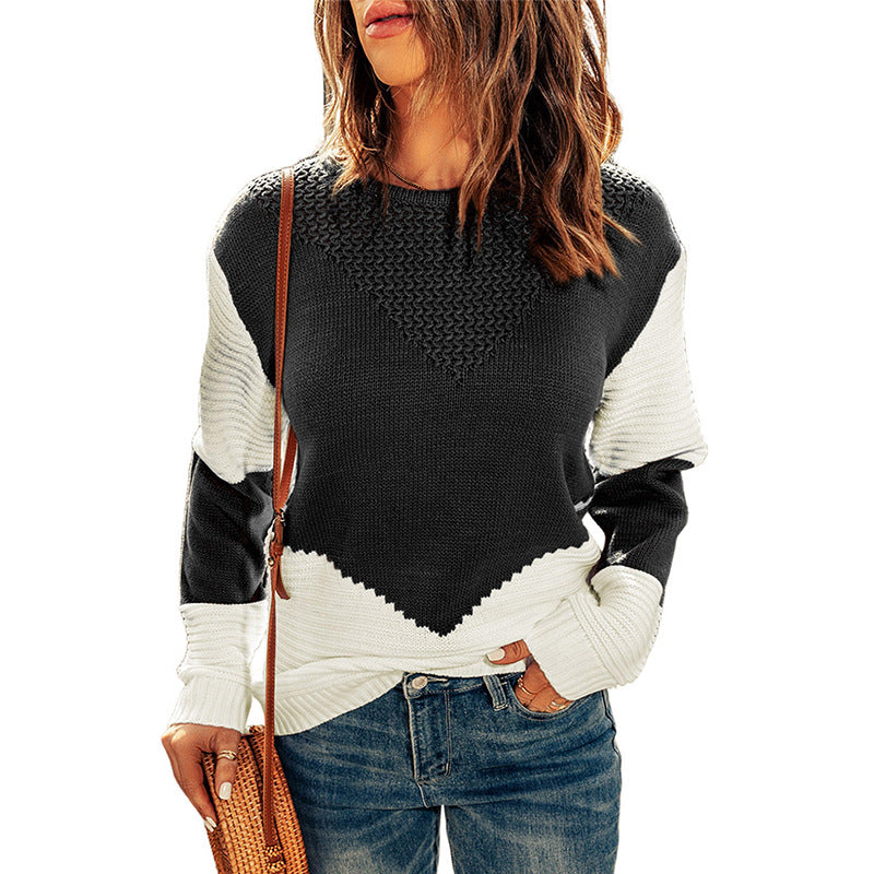 Women Clothing Contrast Color Pullover Autumn Winter Loose round Neck Long Sleeve Top Women