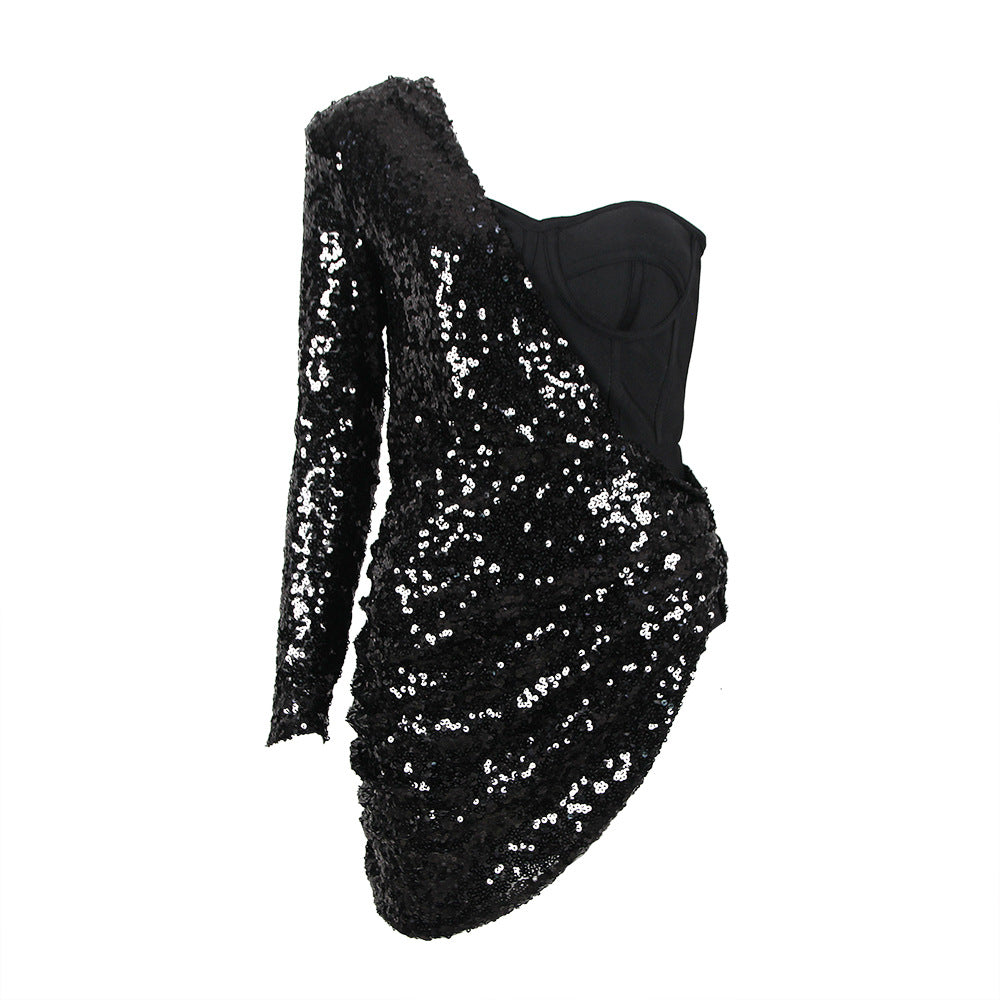 One Shoulder Low Cut Faux Two Piece Design Sequined Mini Dress Nightclub Singer Costumes