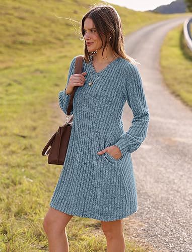 Women Clothing V Neck Pocket Sunken Stripe Brushed Long Sleeve Casual Dress