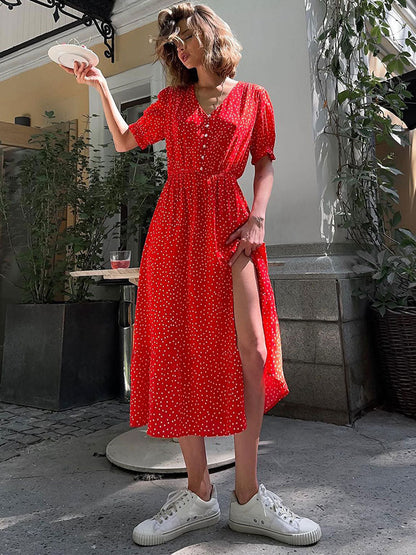 Vanessa Polka Dot Color Block Slit Long Dress