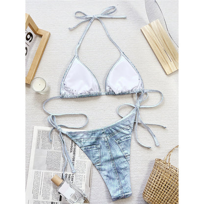 Sylvia Denim Printed Halter Strappy High Cut Bikini