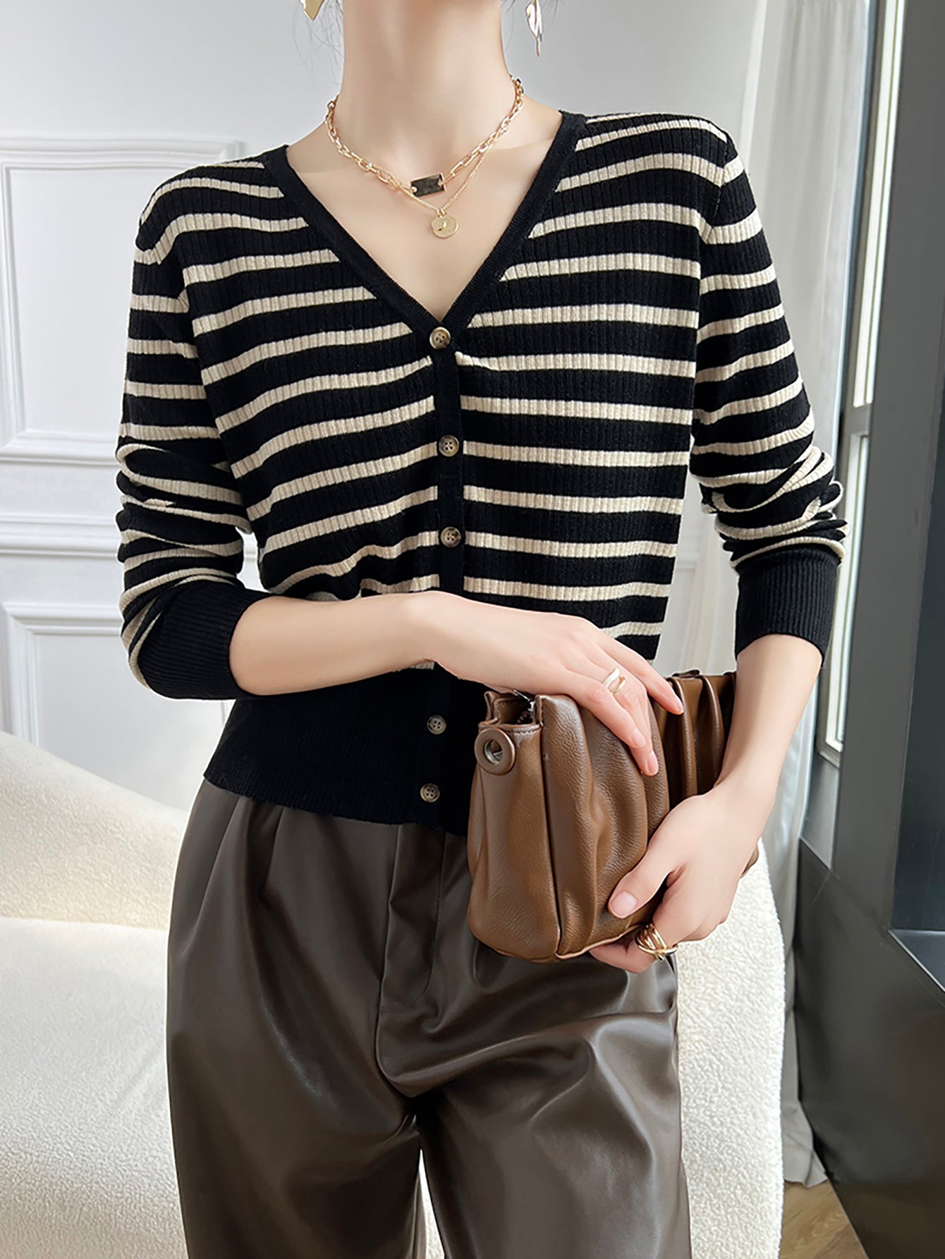 Sylvia Woman V Neck Striped Sweater