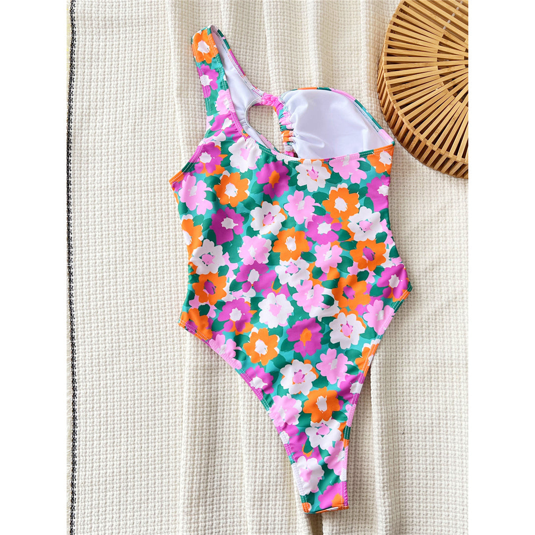 Debbie Flowers Printed Asymmetric Cut Out One Piece Swimsuit