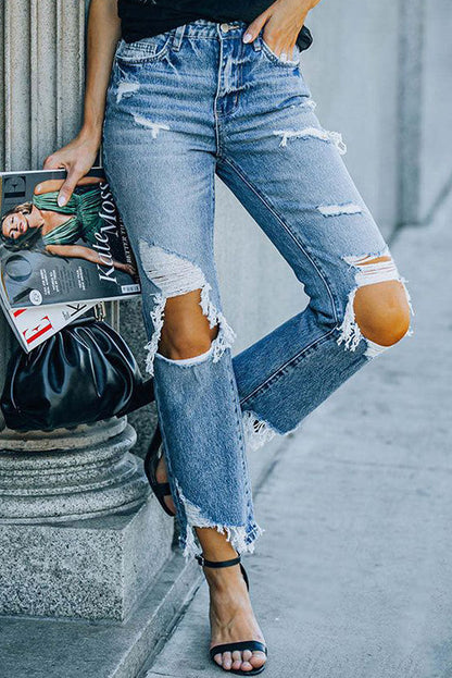 Sky Blue Ripped Knee Hole High Waist Jeans