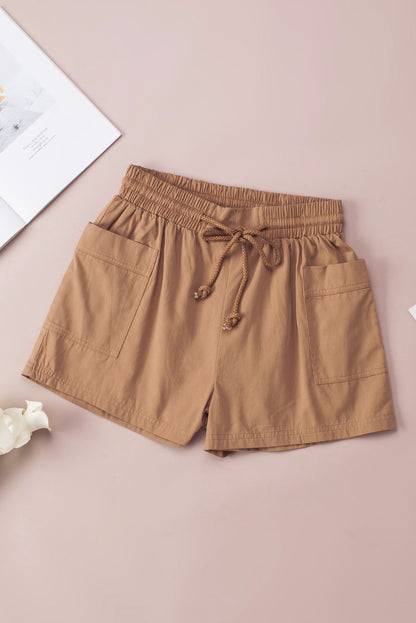 Brown Casual Drawstring High Waisted Shorts with Pockets