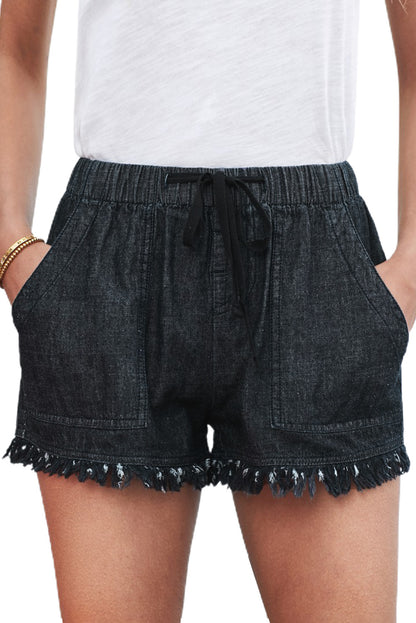 Black Casual Drawstring Pocketed Frayed Hem Denim Shorts