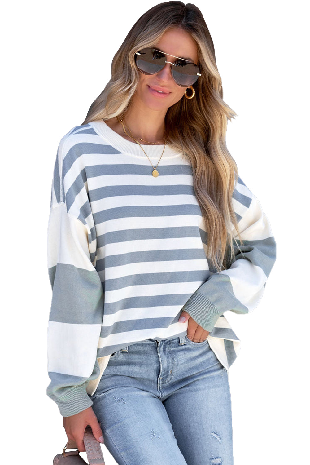 Black Striped Colorblock Drop Shoulder Pullover Sweatshirt