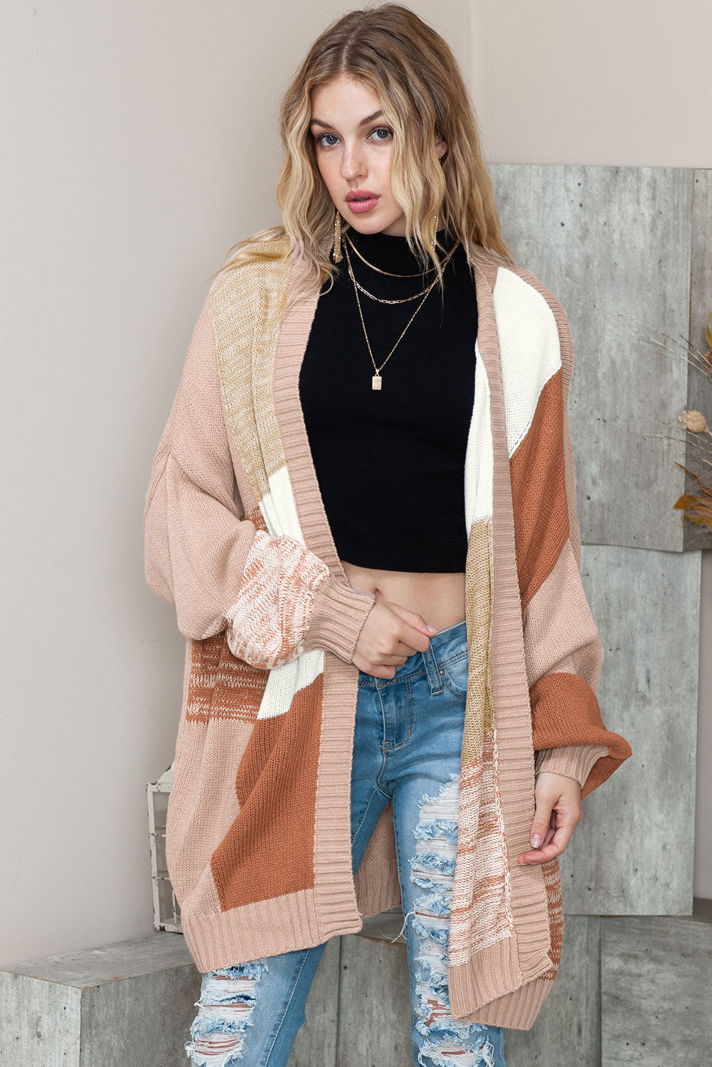 Khaki Open Front Drop Shoulder Slouchy Cardigan