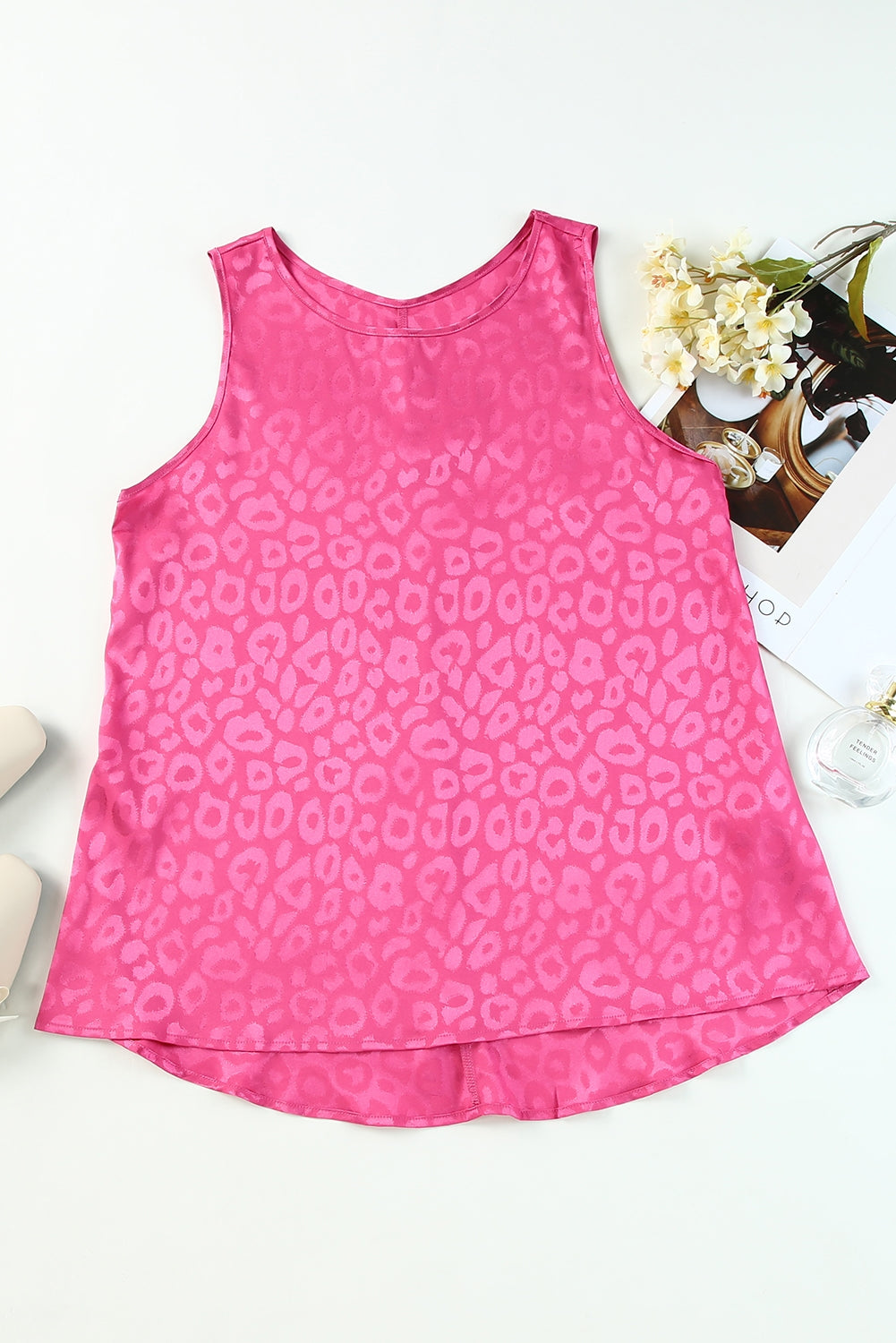 Rose Satin Leopard Casual Round Neck Tank Top