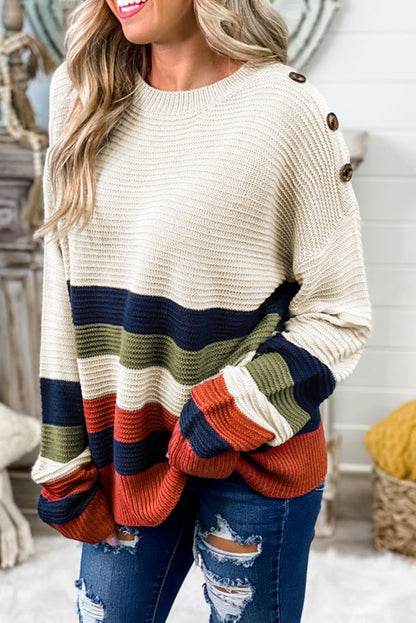 Colorblock Striped Button Drop Shoulder Pullover Sweater