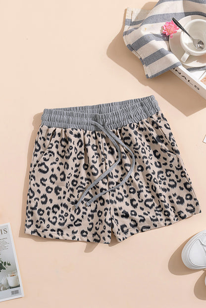 Khaki Leopard Print Drawstring Waist Shorts