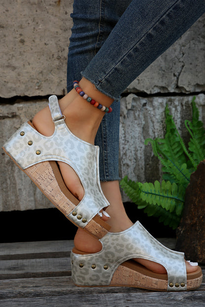 Leopard Pattern Cut Out Wedge Sandals