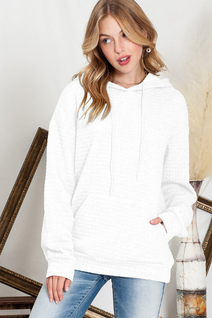 White Lattice Textured Kangaroo Pocket Drawstring Hoodie