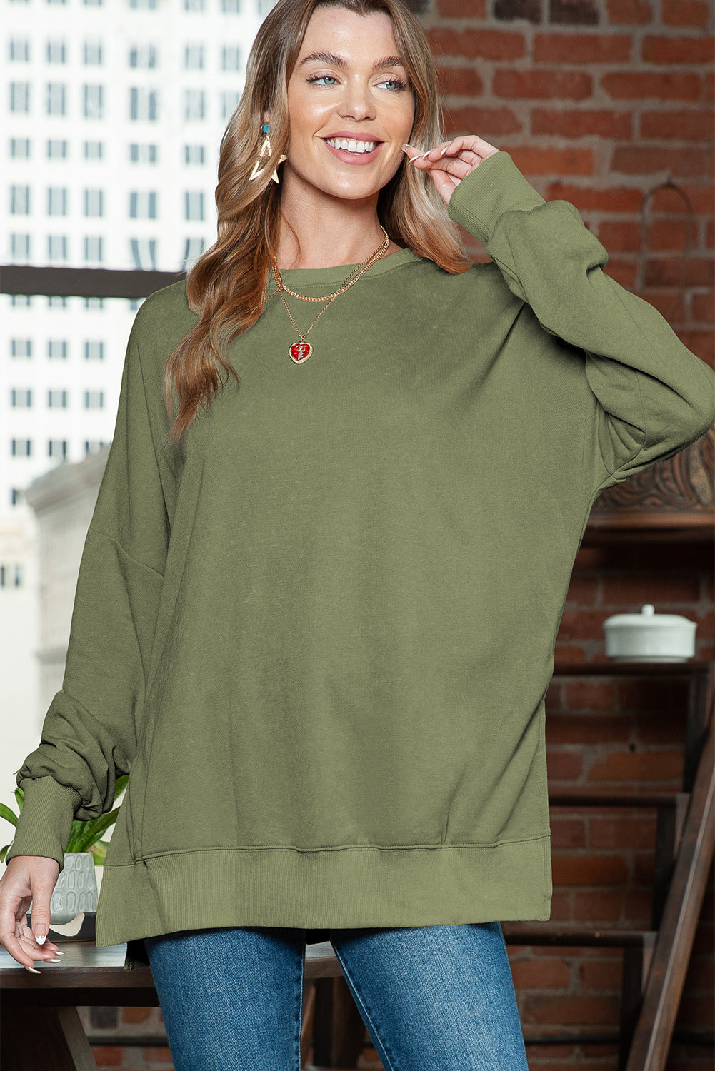 Green Plain Drop Shoulder Ribbed Trim Oversized Sweatshirt