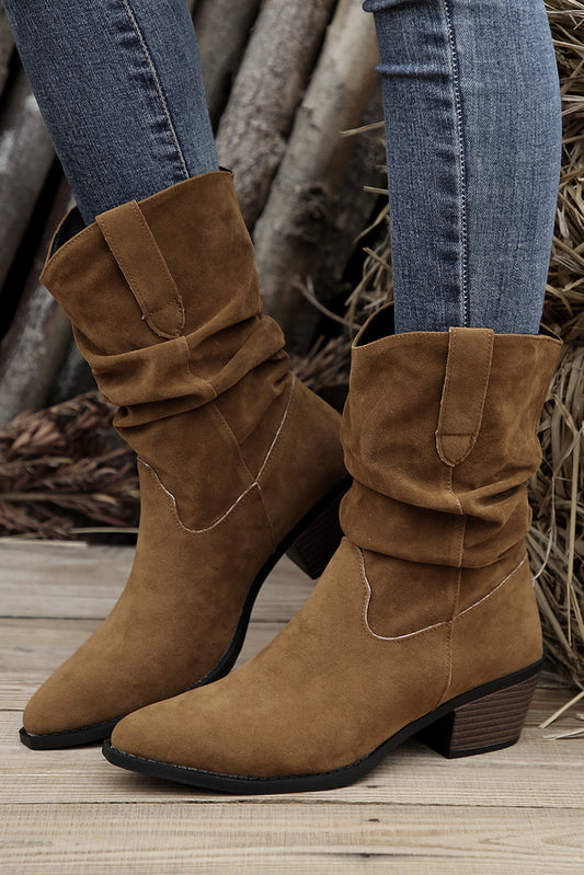 Chestnut Thick Heeled Scrunch Suede Pointed Toe Boots