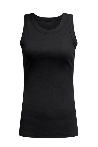 Solid Black Round Neck Ribbed Tank Top