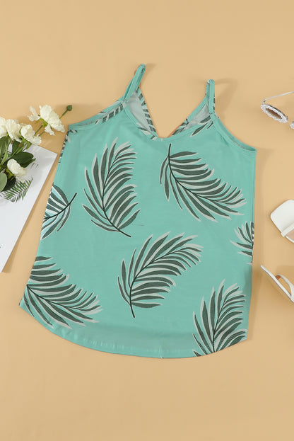 Green Tropical Plant Print Tank Top