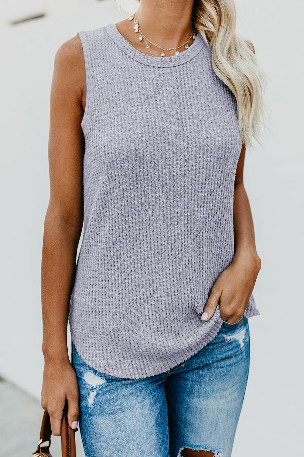 White Basic Waffle Crew Neck Tank Top