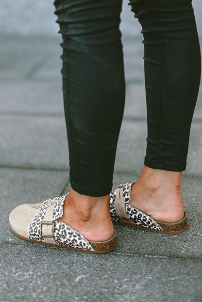 Leopard Distressed Patchwork Buckle Round Toe Slippers