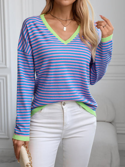 Contrast Trim Striped V-Neck Long Sleeve Knit Top