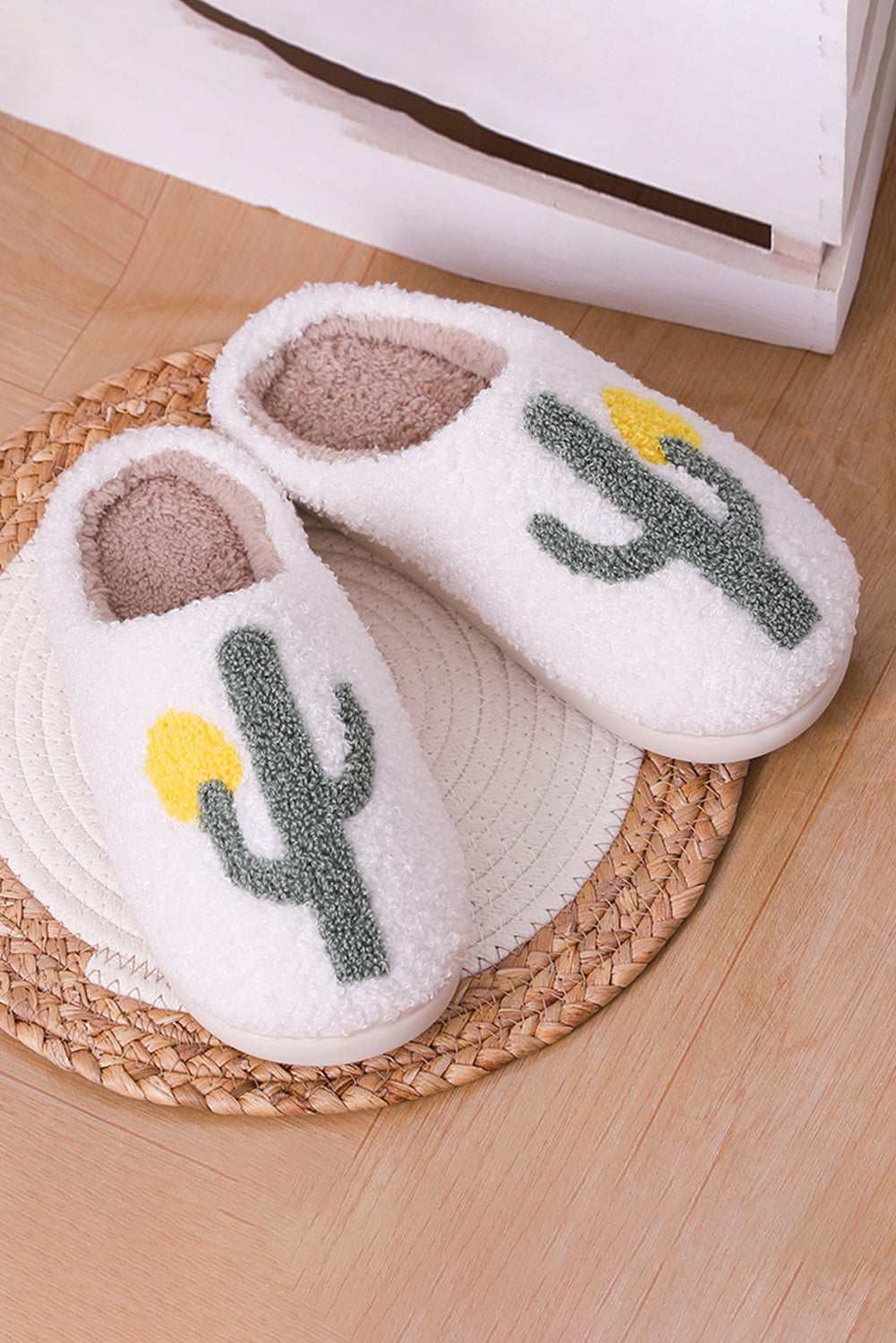 White Fuzzy Cactus Pattern Winter Home Slippers