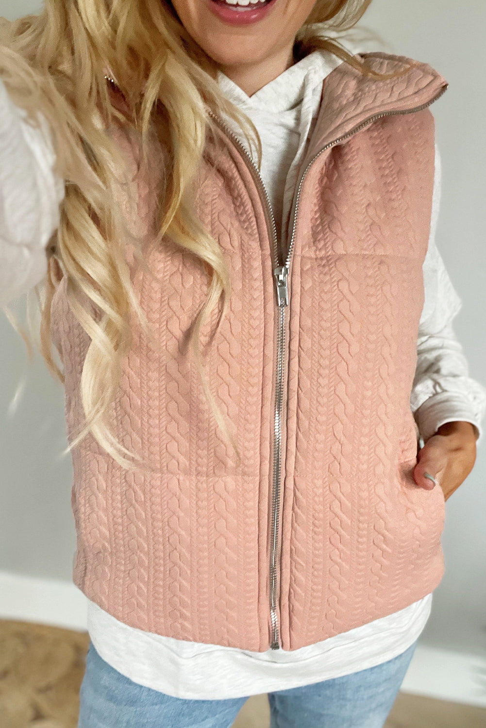 Apricot Pink Textured Pockets Zip Up Vest Jacket