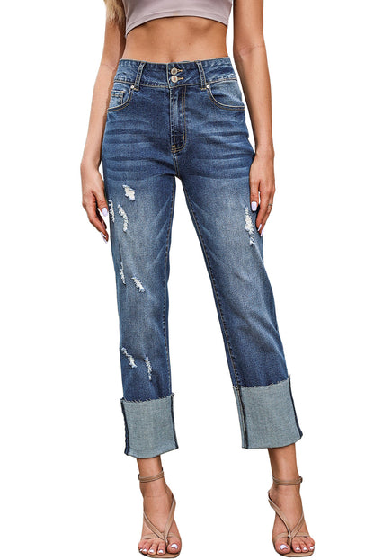 Blue High Waist Distressed Straight Leg Jeans