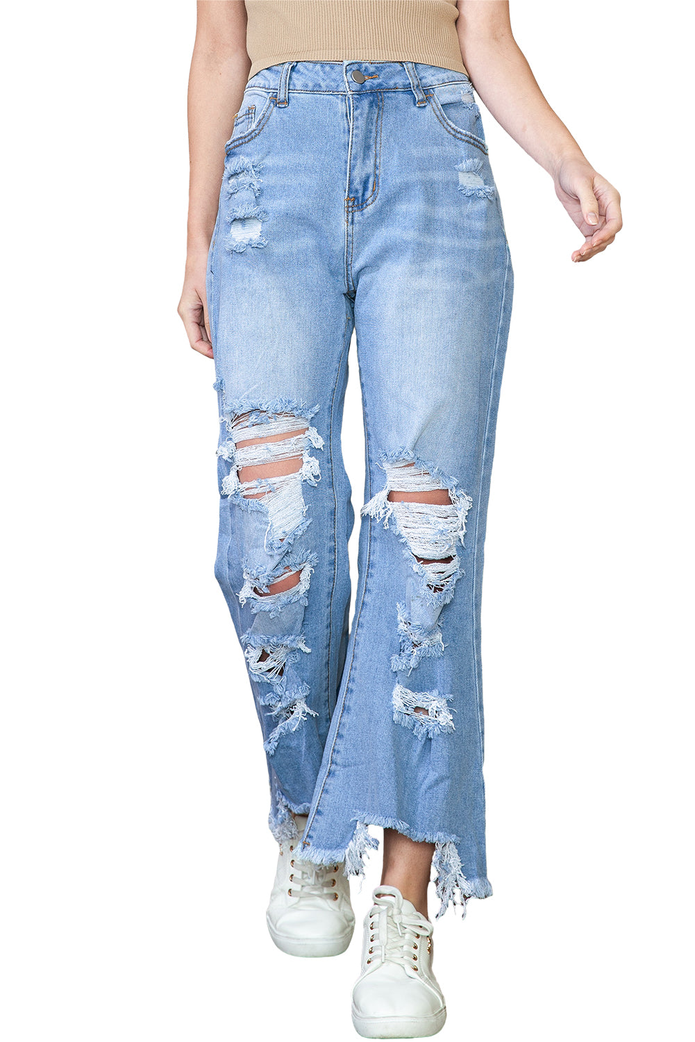 Sky Blue Heavy Destroyed Raw Hem Wide Leg Jeans