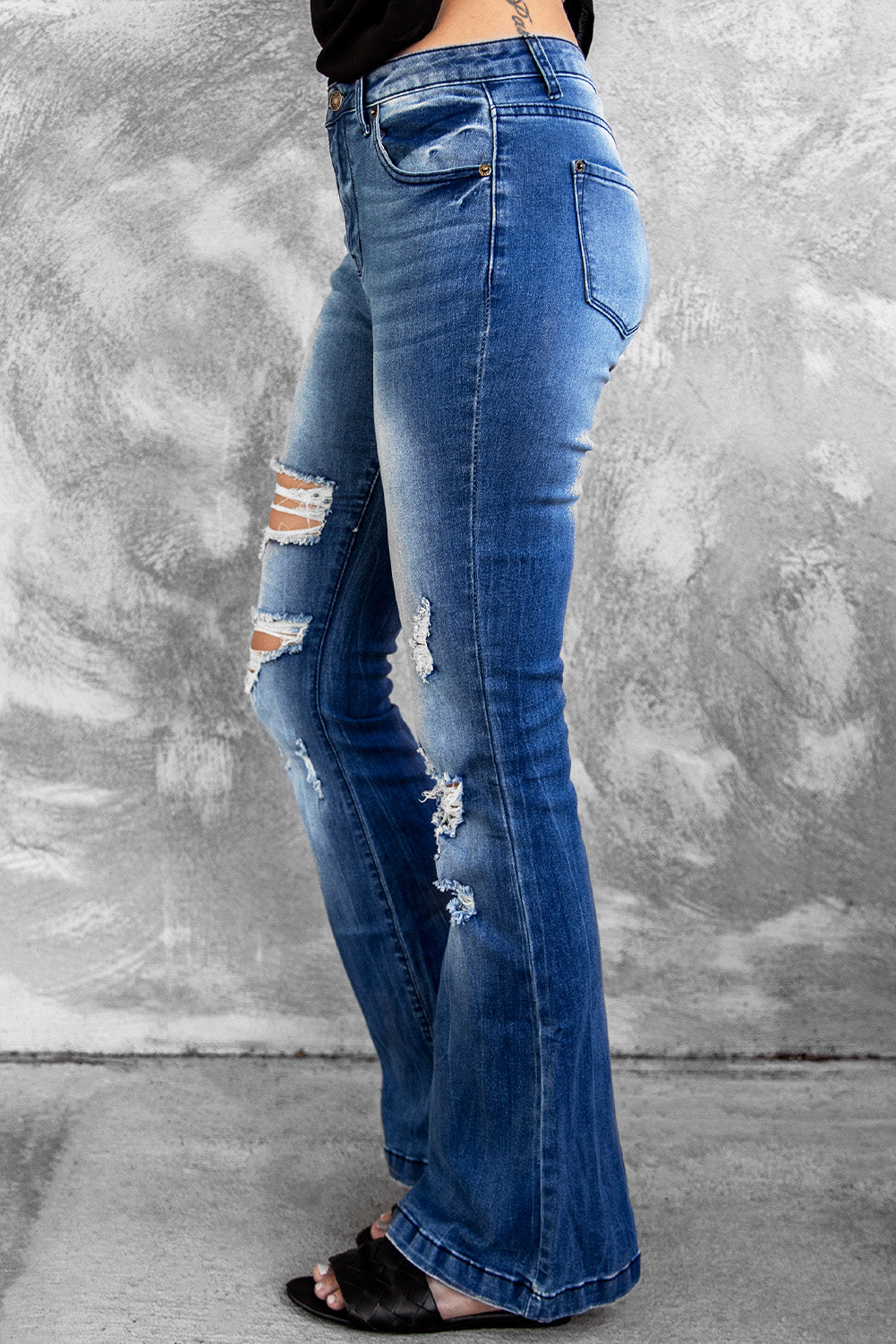 Blue Distressed High Waist Flare Jeans