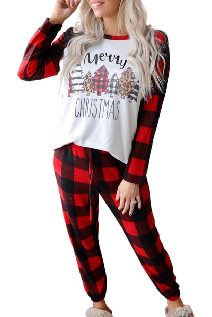 Red Plaid Merry Christmas Casual Top & Pants Loungewear Set