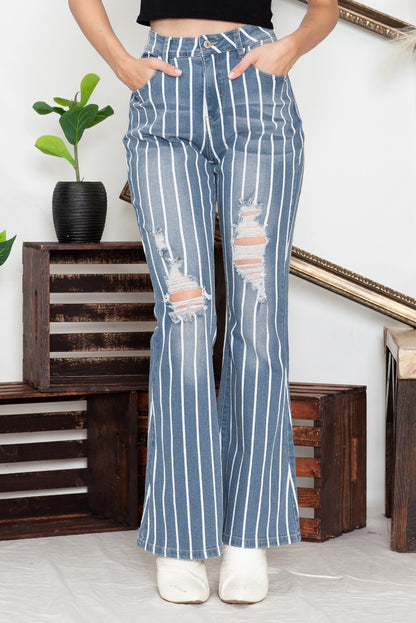 Sky Blue Vertical Striped Ripped Flare Jeans