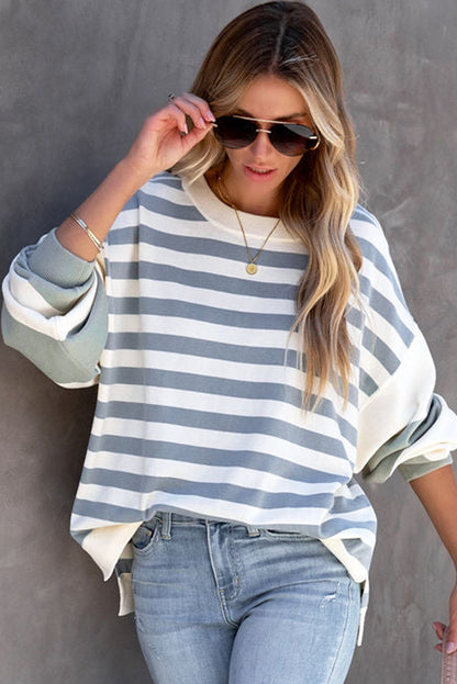 Black Striped Colorblock Drop Shoulder Pullover Sweatshirt