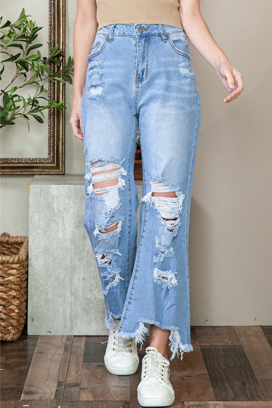 Sky Blue Heavy Destroyed Raw Hem Wide Leg Jeans