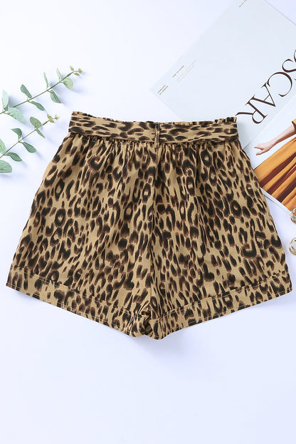 Cheetah Casual Pockets Frill Tie Waist Shorts