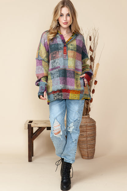 Multicolor Brushed Check Kangaroo Pocket Thumbholes Henley Hoodie