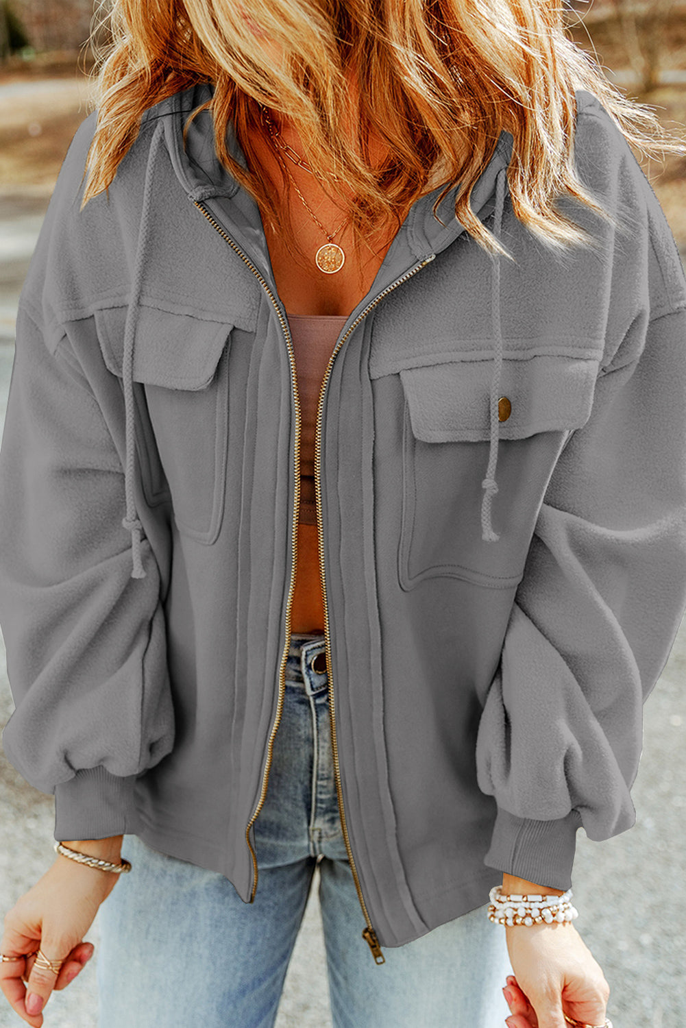 Apricot Bishop Sleeve Zip Up Hoodie Jacket with Flap Pockets