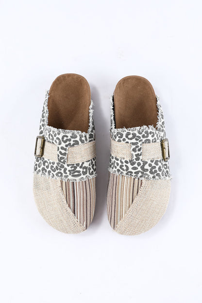 Leopard Distressed Patchwork Buckle Round Toe Slippers
