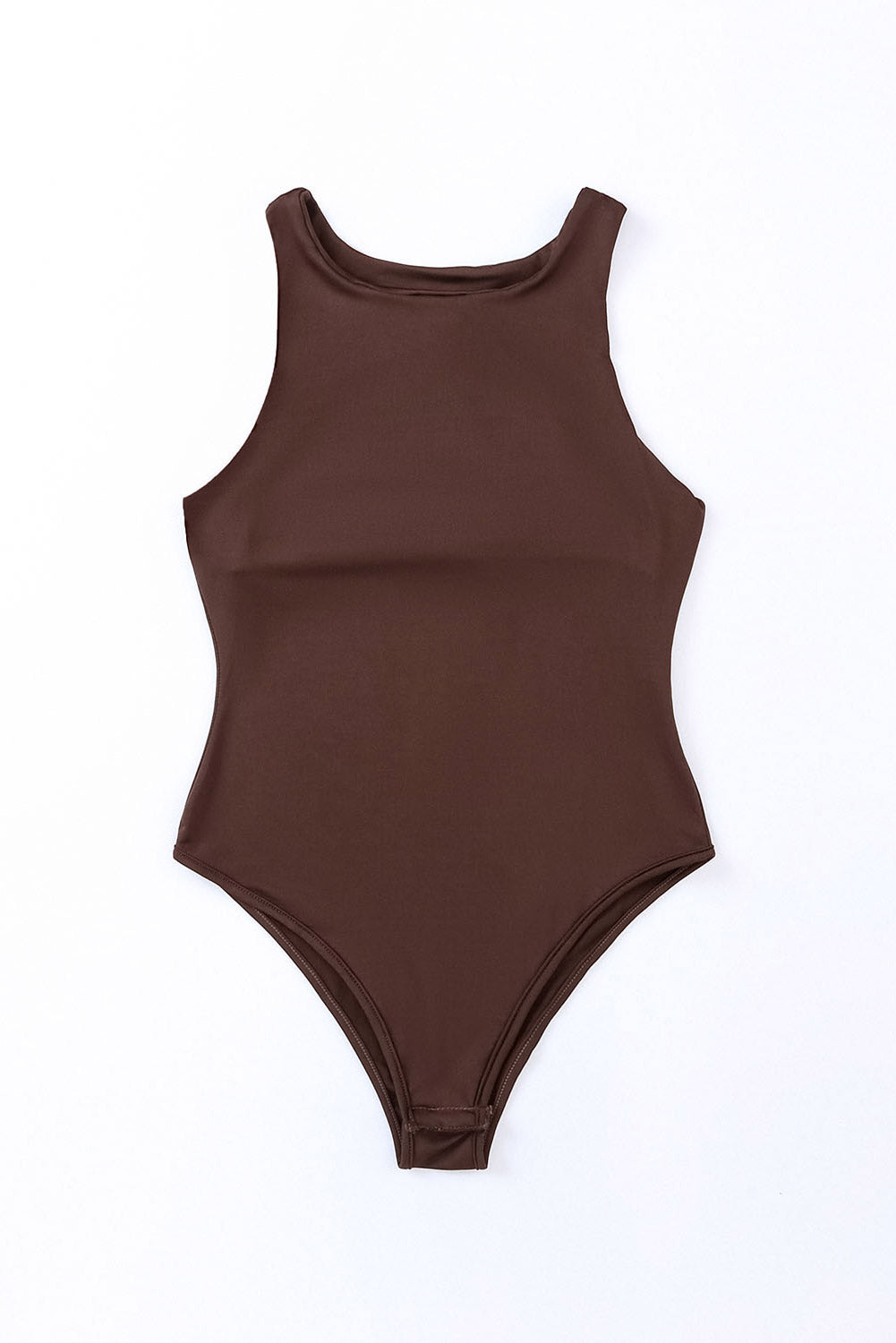 Brown Solid Color Crew Neck Plain Sleeveless Bodysuit