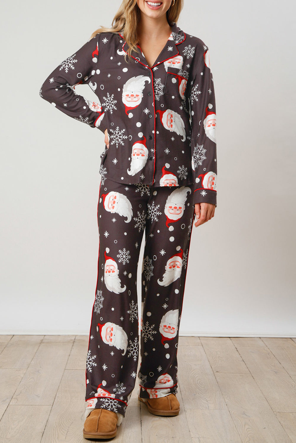 White Christmas Santa Print Pocket Shirt and Pants Pajama Set