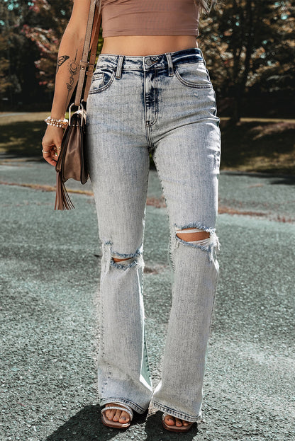 Light Blue Distressed Washed Slit Knee Flared Jeans