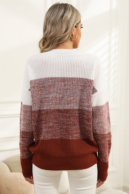 Brown Color Block Drop Shoulder Ribbed Trim Sweater