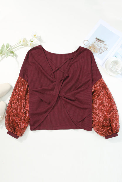 Burgundy Sequins Sleeve Christmas Nutcracker Graphic Knit Top