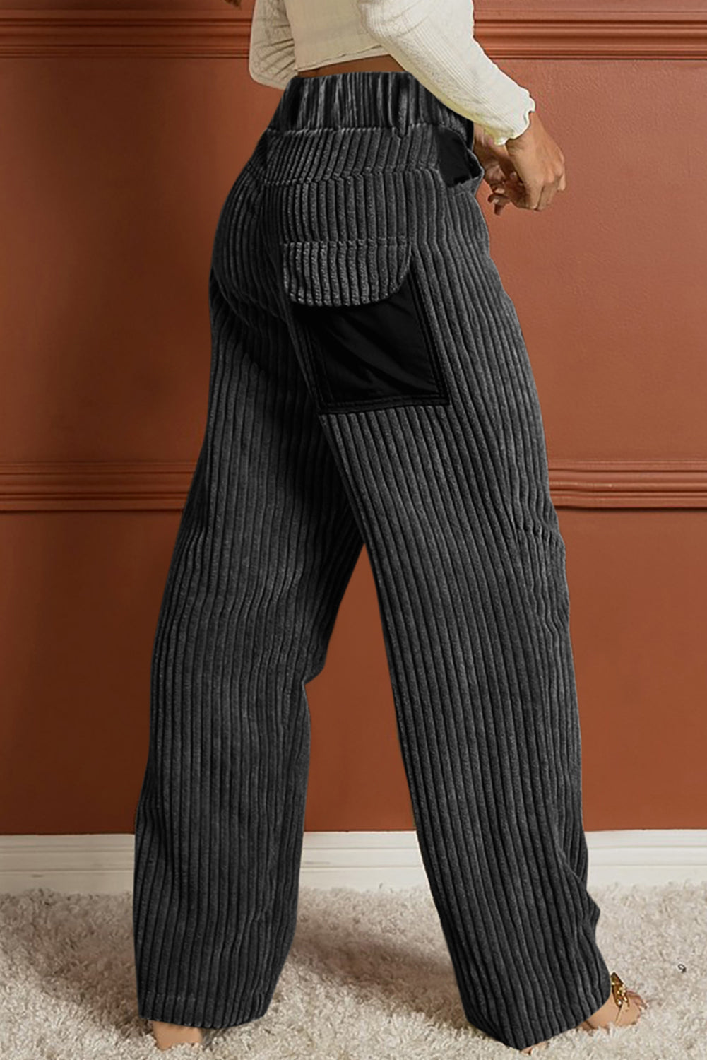 Grey Corduroy High Waisted Wide Leg Pants for Women