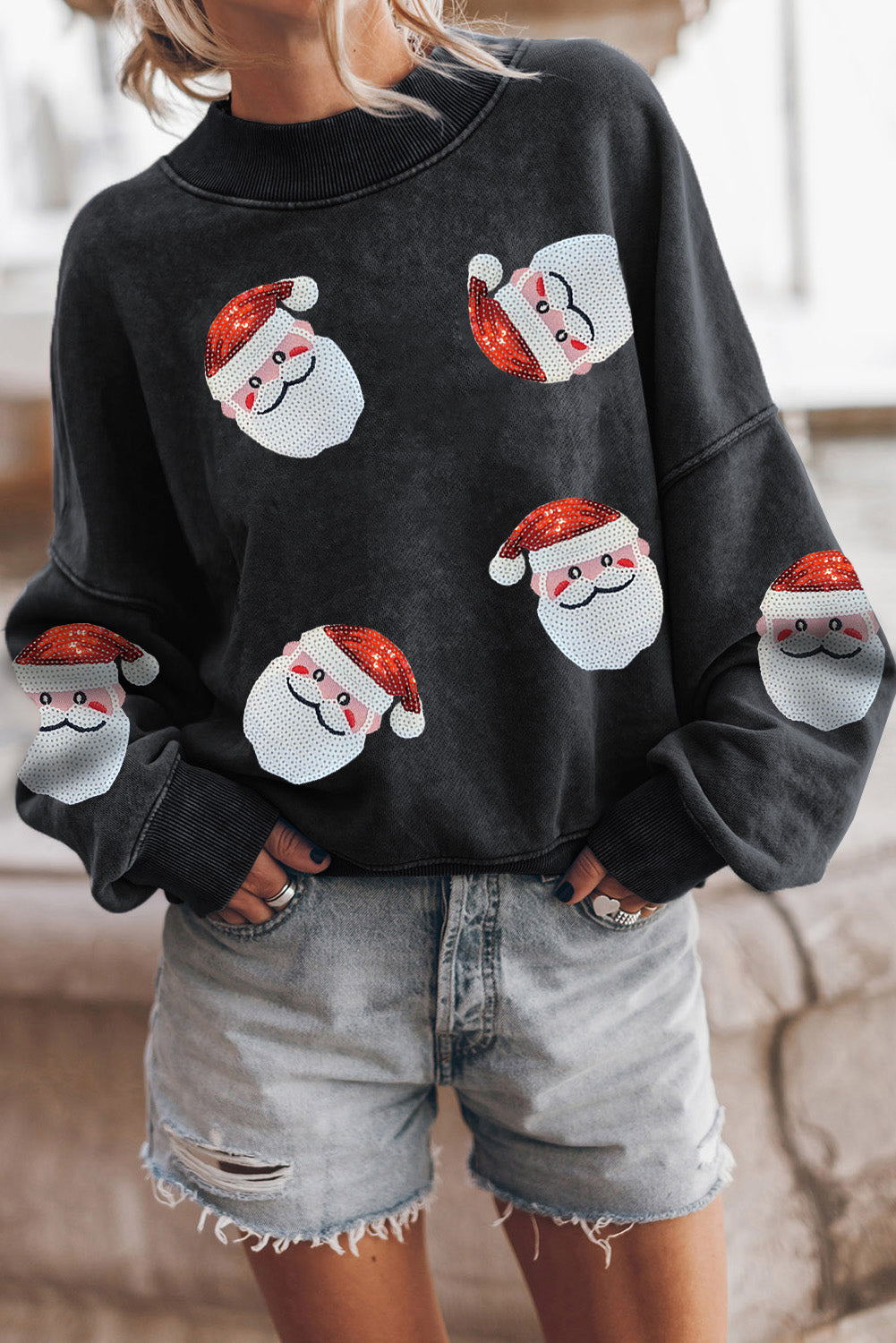 Black Washed Graphic Sequins Santa Claus Christmas Sweatshirt