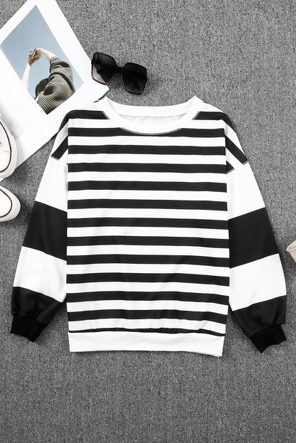 Black Striped Colorblock Drop Shoulder Pullover Sweatshirt