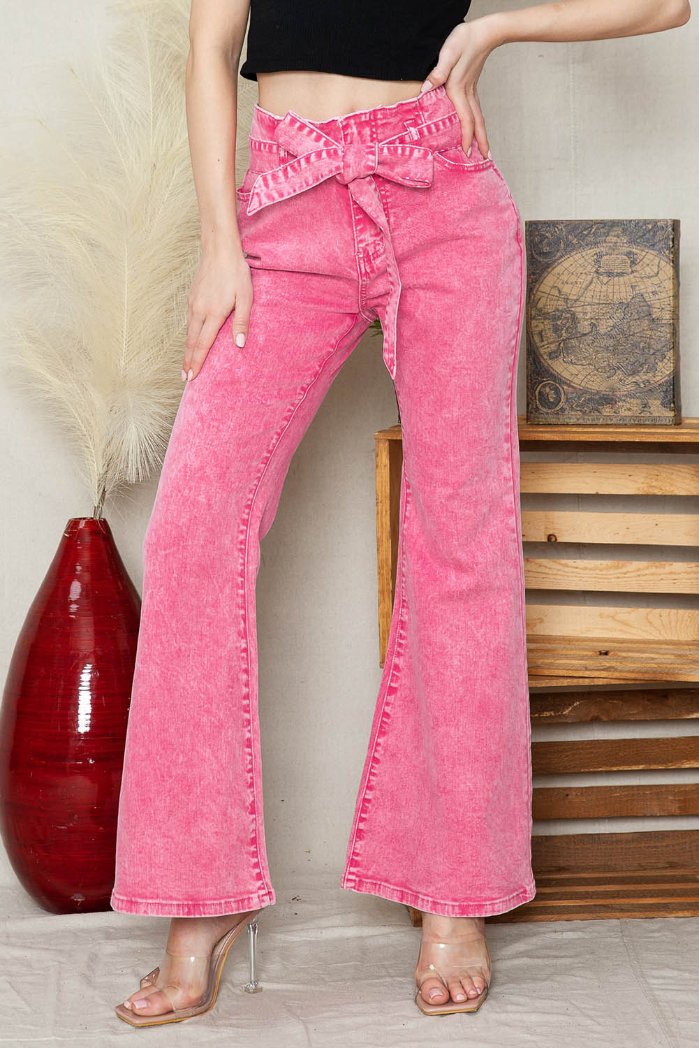 Pink Casual Front Knot High Waist Flare Leg Jeans