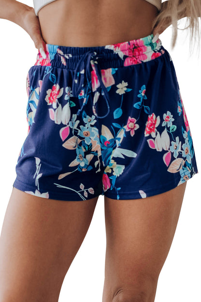 Dark Blue Floral Print Elastic Waist Drawstring Shorts