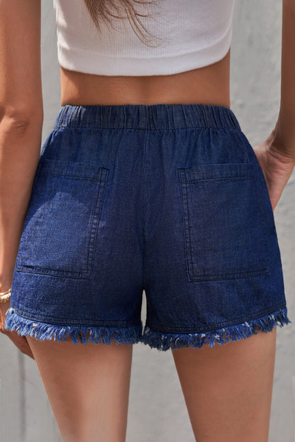 Black Casual Drawstring Pocketed Frayed Hem Denim Shorts