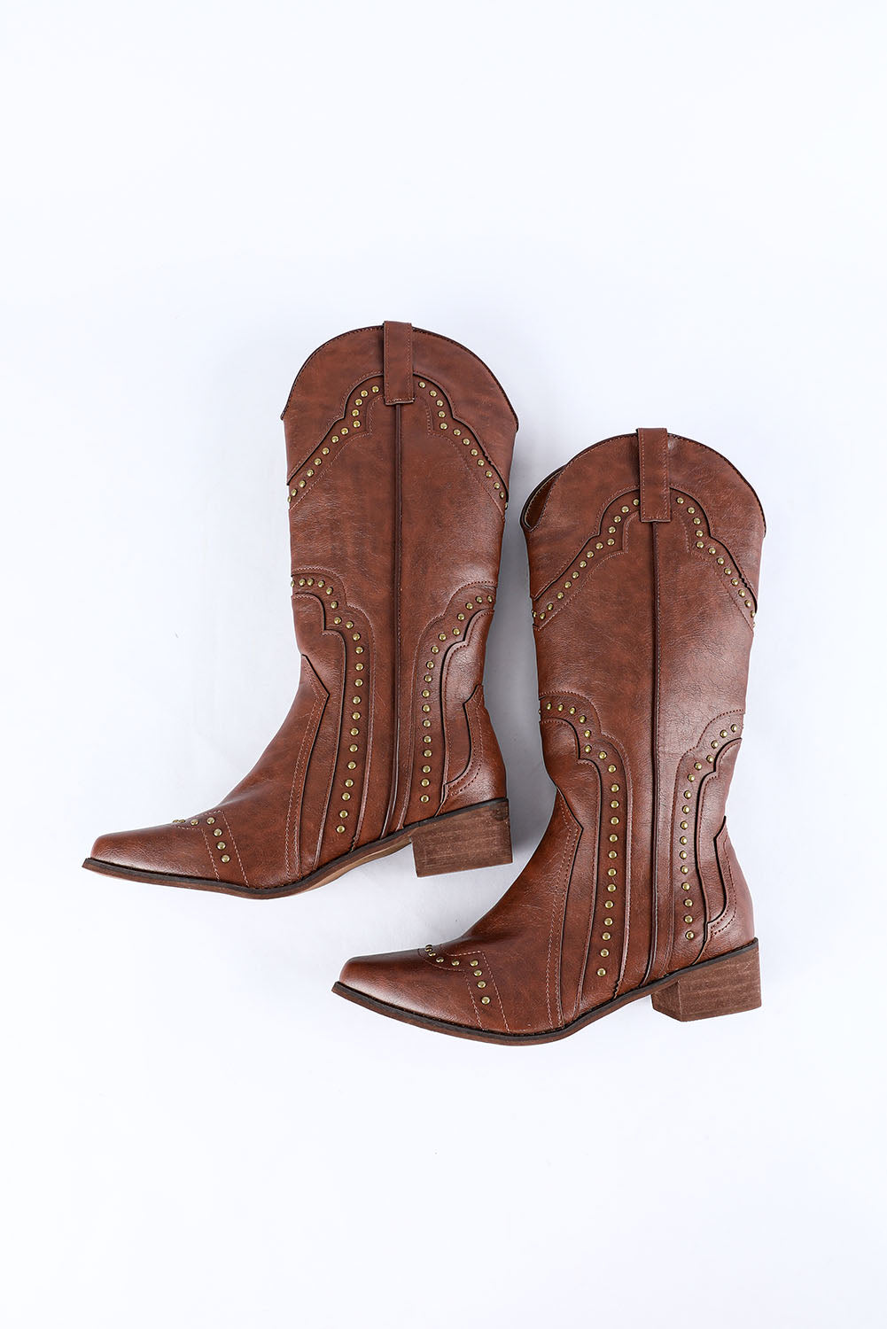Brown Vintage Rivet Studded Faux Leather Boots