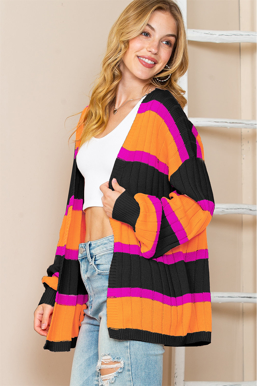 Orange Stripe Print Ribbed Knit Sweater Cardigan